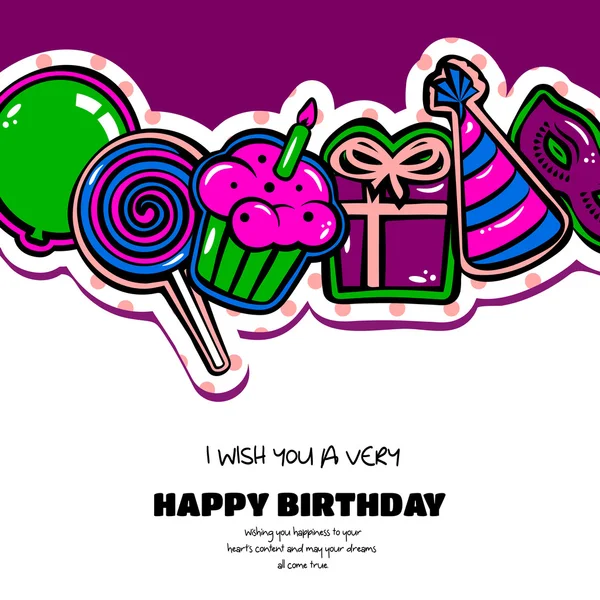 Geburtstagskarte mit Gegenständen, Luftballon, Kuchen, Hut, Lutscher, Maskerade und Geschenk auf gepunktetem Hintergrund. Vektor — Stockvektor