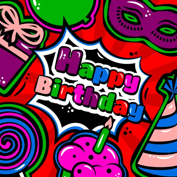 Öğeleri, balon, pasta, şapka, lolipop, maskeli balo ve kırmızı bir arka plan üzerinde Hediyelik doğum günü kartı. Vektör — Stok Vektör