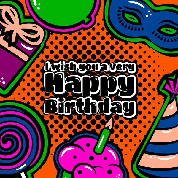 Öğeleri, balon, pasta, şapka, lolipop, maskeli balo ve noktalı arka plan üzerinde Hediyelik doğum günü kartı. Vektör — Stok Vektör
