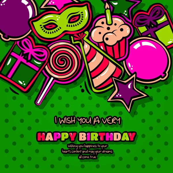 Birthday card with items, balloon, cake, hat, star, lollipop, masquerade and gift on dotted background. Vector — Stock Vector