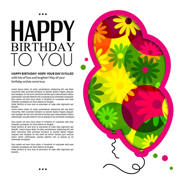 Födelsedagskort i stil med utskärningar med ballonger på färgglada blommor bakgrund. Vektor. — Stock vektor