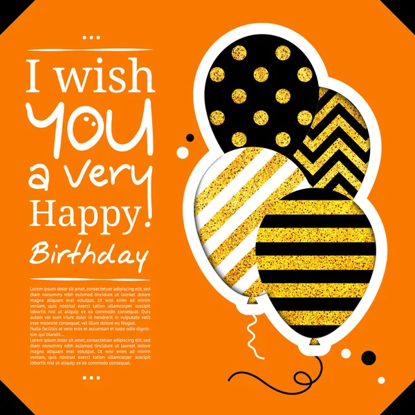 Carte d'anniversaire dans le style de découpes avec des ballons sur fond de paillettes dorées. Vecteur . — Image vectorielle