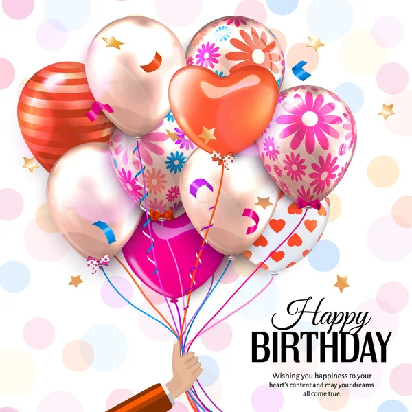 Tarjeta de cumpleaños con la mano sostiene globos de colores. Confetti, estrellas, cinta y lazo sobre fondo punteado. Vector . — Vector de stock