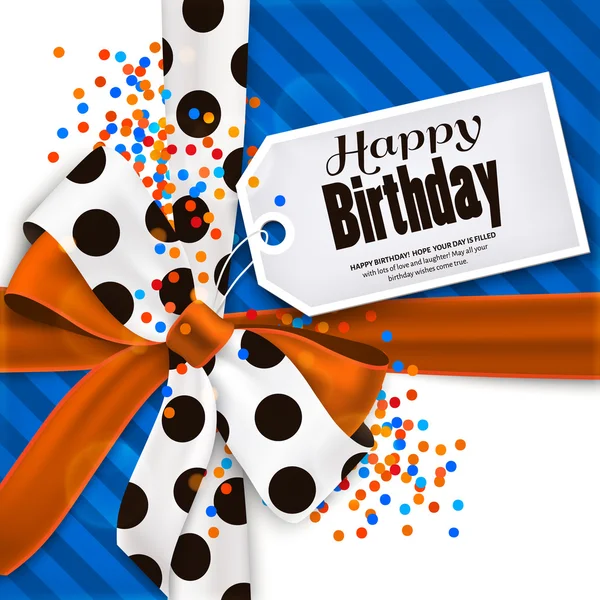 Feliz cumpleaños tarjeta de felicitación y texto en la etiqueta, etiqueta, pegatina. Arco naranja, cinta con lunares negros hechos de seda. Un confeti multicolor. Vector . — Vector de stock