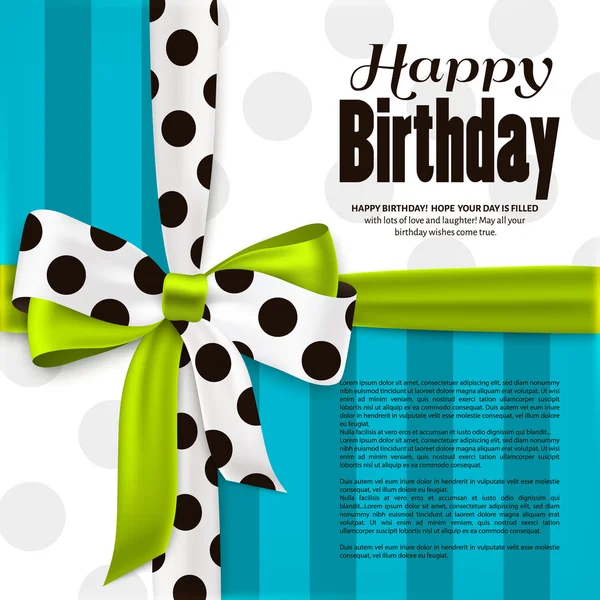 Feliz aniversário cartão de saudação. Arco verde e fita com bolinhas pretas feitas de seda. Riscas, papel pontilhado. Vetor . — Vetor de Stock