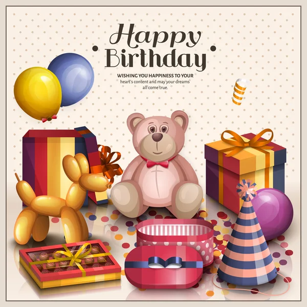 Joyeux anniversaire carte de voeux. Pile de boîtes-cadeaux emballées colorées. Beaucoup de cadeaux et de jouets. Ballons de fête, jouer au ballon, drapeau de bruant, ours en peluche, gâteau, mascarade, bonbons et confettis. Ornement — Image vectorielle