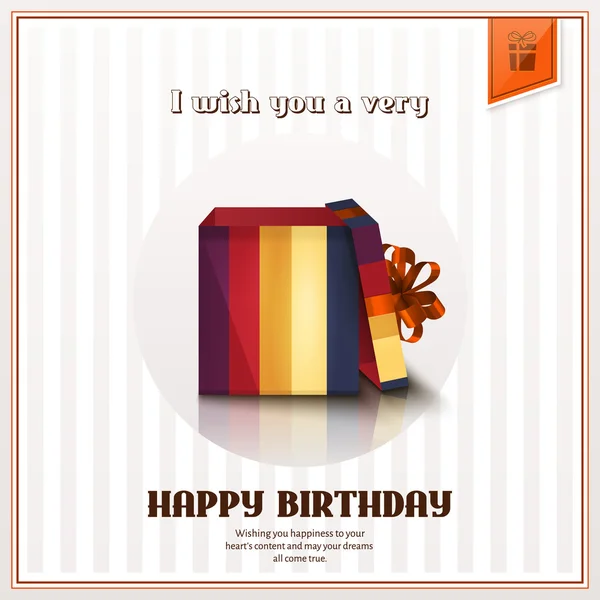 Tarjeta de felicitación feliz cumpleaños con caja de regalo abierta y arco naranja. Vector . — Vector de stock