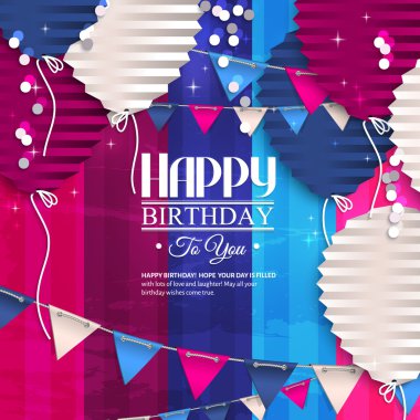 Birthday card with balloons in the style of flat folded paper and bunting flags. clipart