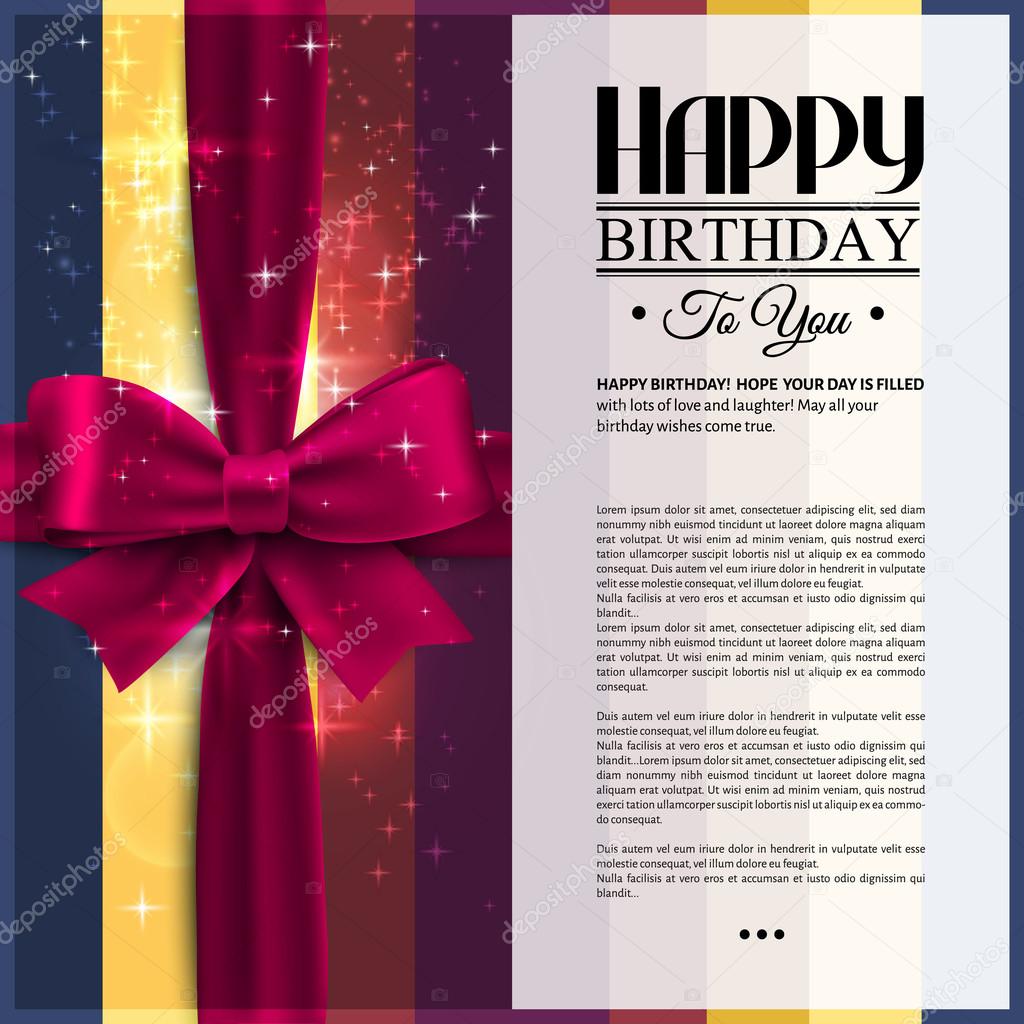 Birthday card with pink ribbon on stripes background and wishes text.