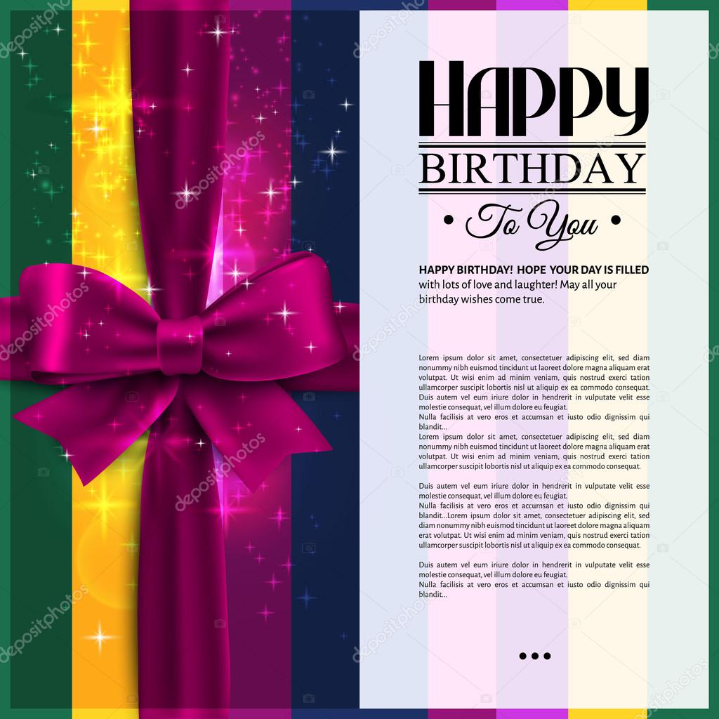 Birthday card with pink ribbon on stripes background and wishes text.
