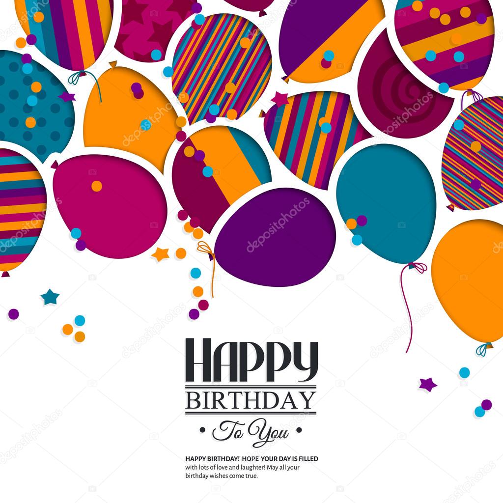 Vector colorful birthday card with paper balloons and wishes.