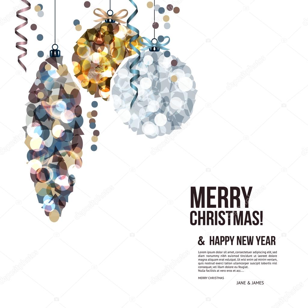 Christmas card with curled streamers and christmas balls composed of shards.