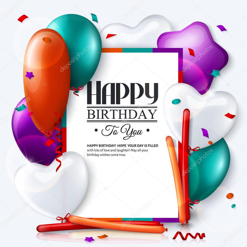 Vector birthday card with balloons and confetti.
