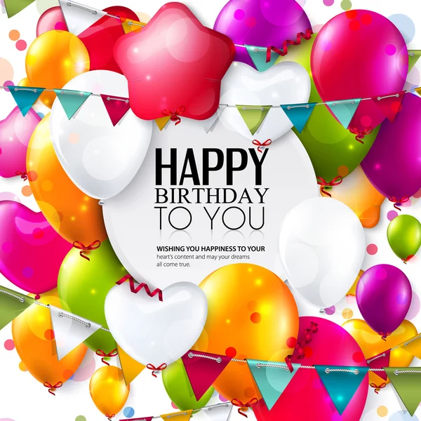 Vector birthday card with balloons, confetti and bunting flags. — Stock Vector