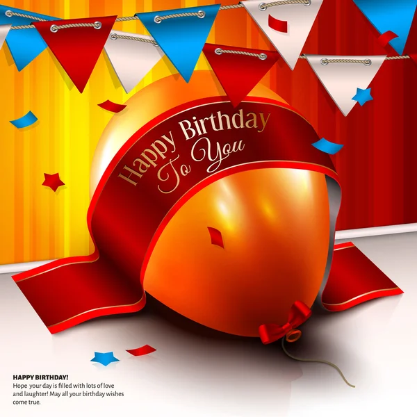 Vektor-Geburtstagskarte mit Luftballon, Flaggen und Schleife für Ihren Text. — Stockvektor