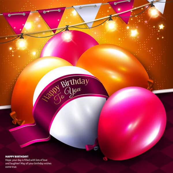 Vector birthday card with balloon, bunting flags and ribbon for your text. — Stock Vector