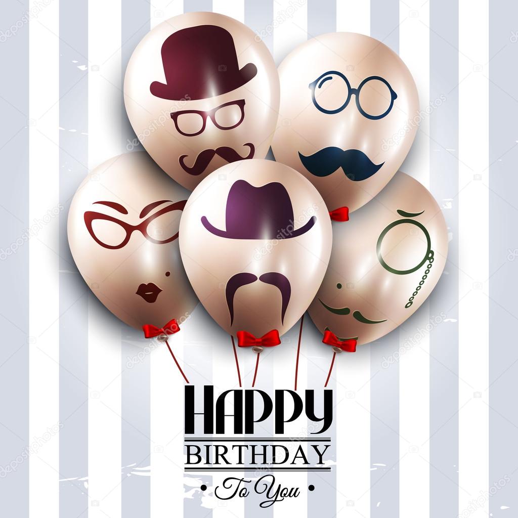 Vector birthday card. Balloons with silhouettes on hipster style. Mustaches.