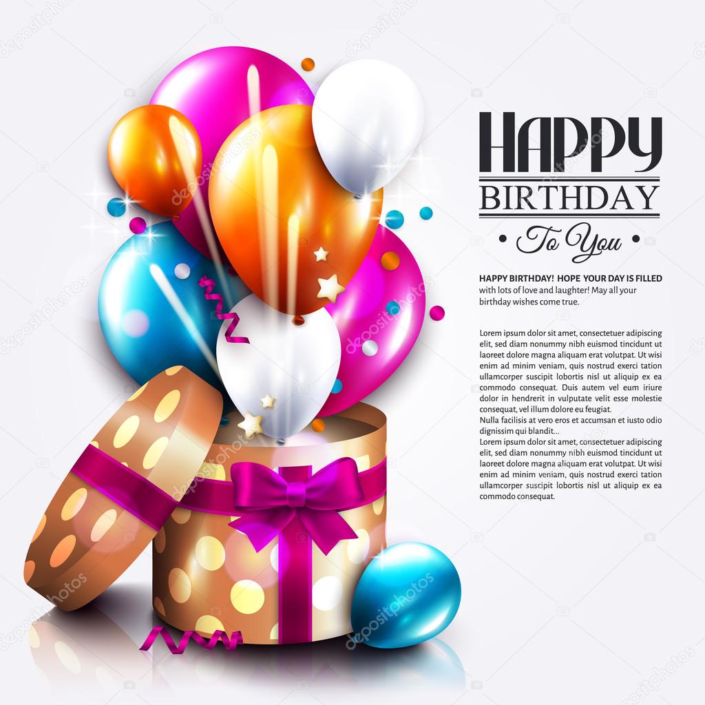 Birthday card with open gift box, balloons and magic light fireworks.
