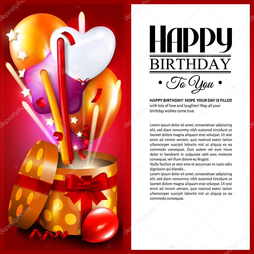 Birthday card with open gift box, balloons and magic light fireworks ...