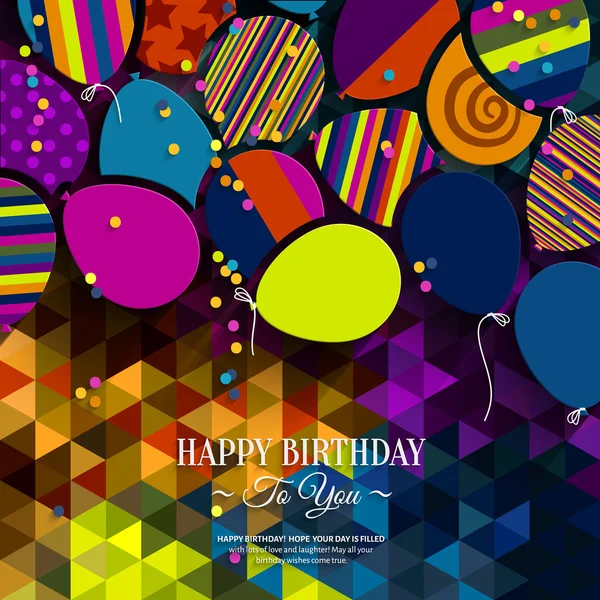 Colorful birthday card with paper balloons on colorful polygon background. — Stock Vector