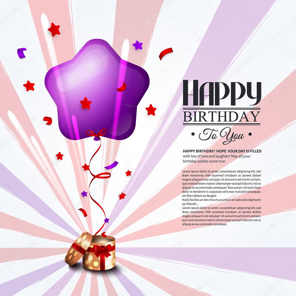 Birthday card with open gift box, balloons and magic light fireworks.