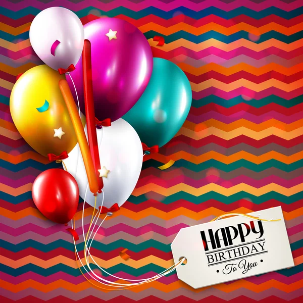 Doğum günü kartı ile balon, konfeti ve etiket metni. — Stok Vektör