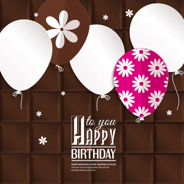 Přání k narozeninám s balóny papíru na čokoládové pozadí. — Stockový vektor