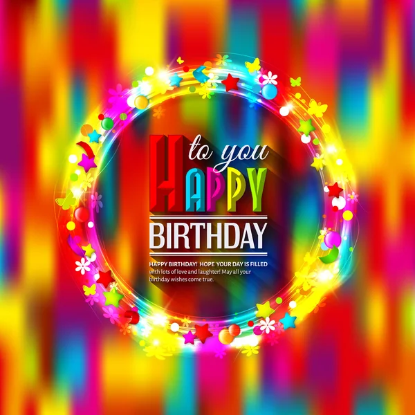 Tarjeta de cumpleaños con luces y confeti sobre fondo multicolor . — Vector de stock