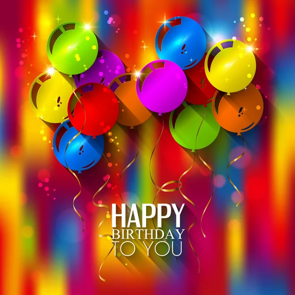 Cartão de aniversário com balões e fitas em fundo multicolorido . — Vetor de Stock