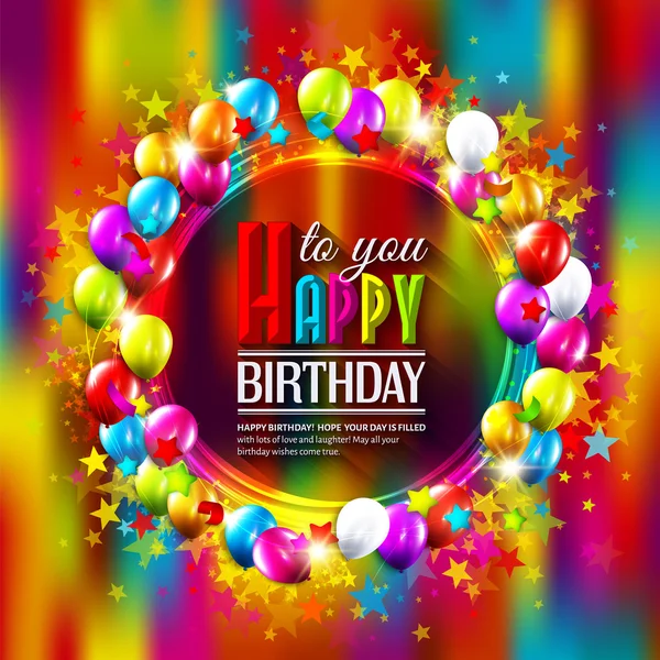 Birthday card with stars, balloons and confetti on multicolored background. — Stock Vector