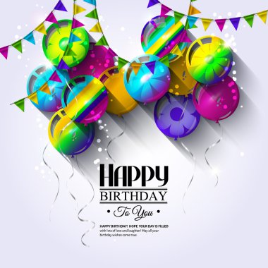 Doğum günü kartı renkli balonlar ve kiraz kuşu bayrakları ile.