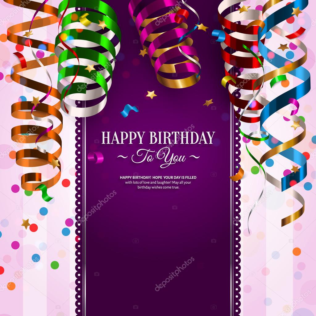 Birthday card with colorful curling ribbons, streamers.