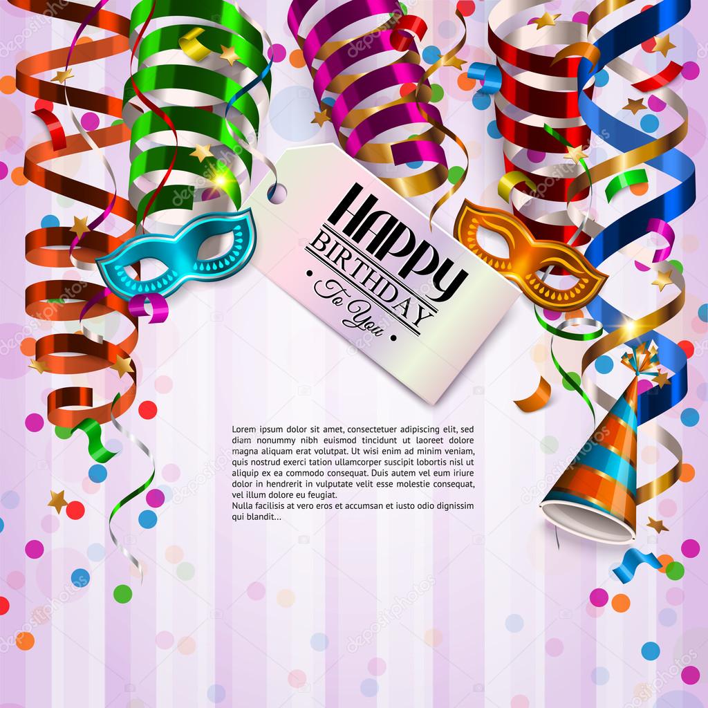 Birthday card with colorful curling ribbons, birthday mask, hat and confetti.
