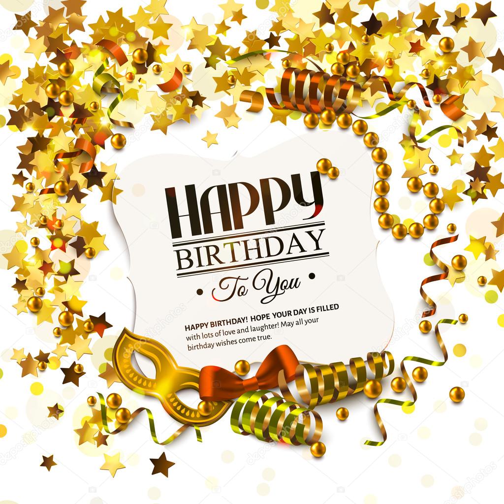 Birthday card with golden stars, colorful curling ribbons, carnival mask and confetti.