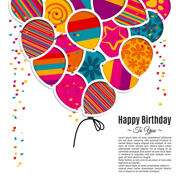 Carte d'anniversaire avec ballons dans le style de découpes . — Image vectorielle