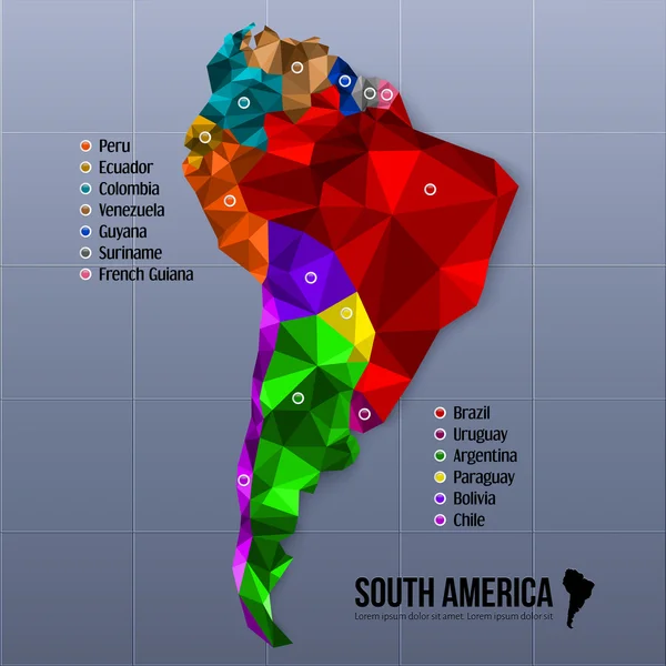 Mapa Sudamérica mostrando estados en estilo poligonal. Vector . — Archivo Imágenes Vectoriales