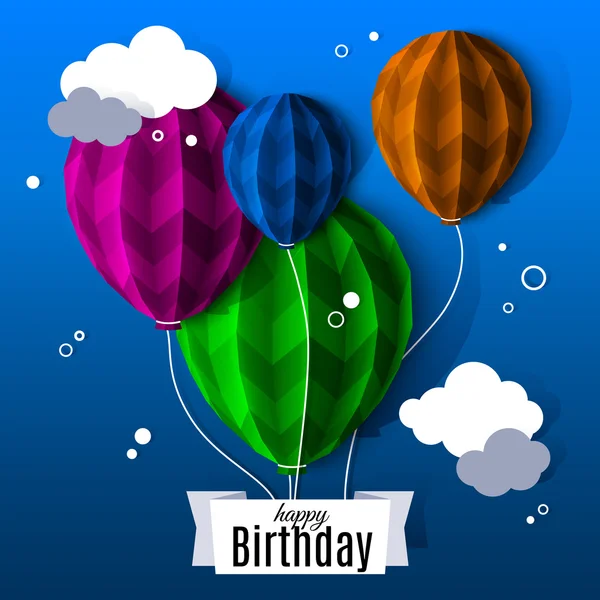 Tarjeta de cumpleaños con globos en el estilo de papel plegado plano. Vector . — Archivo Imágenes Vectoriales