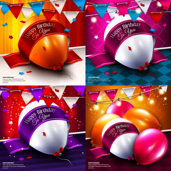 Conjunto de tarjetas de cumpleaños con globos de colores. Vector . — Vector de stock