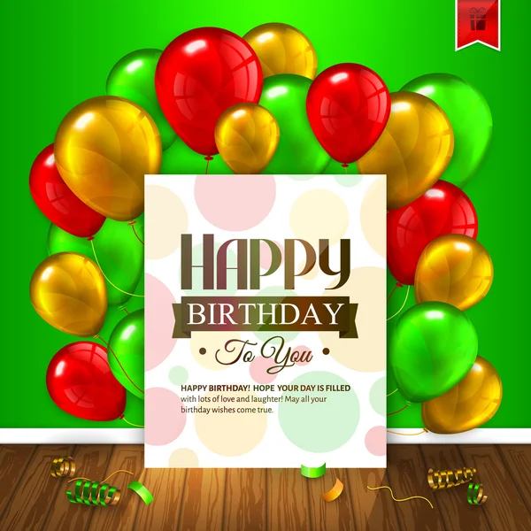 Birthday card. Colorful balloons, confetti, wooden floor and paper with wishes text. Vector. — Stock Vector