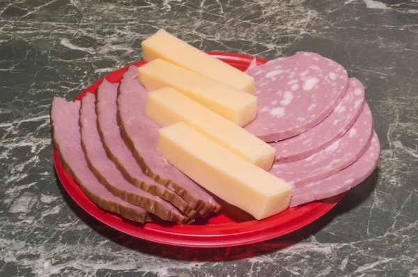 Meat, boiled sausage and cheese — Stock Photo, Image