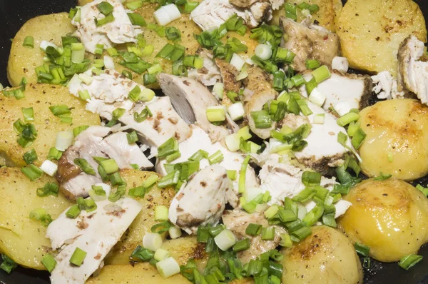 Жареный картофель и курица с зеленым луком — стоковое фото
