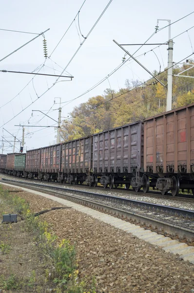 Coches de transporte de mercancías en el ferrocarril en el movimiento — Foto de Stock