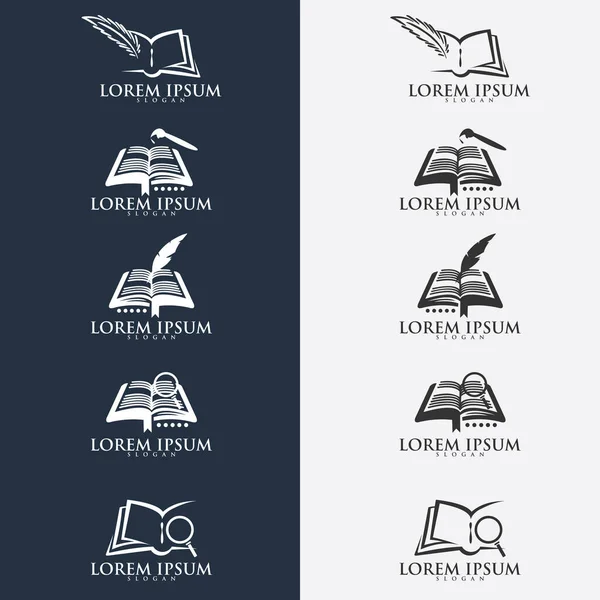 Quill Menulis Pena Koran Pada Logo Buku Terbuka Desain Logo - Stok Vektor