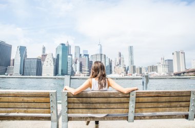 Woman watching New York skyline clipart