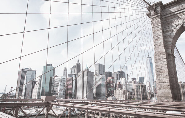 View of New york skyline. Image taken on the famous Brooklyn bridge