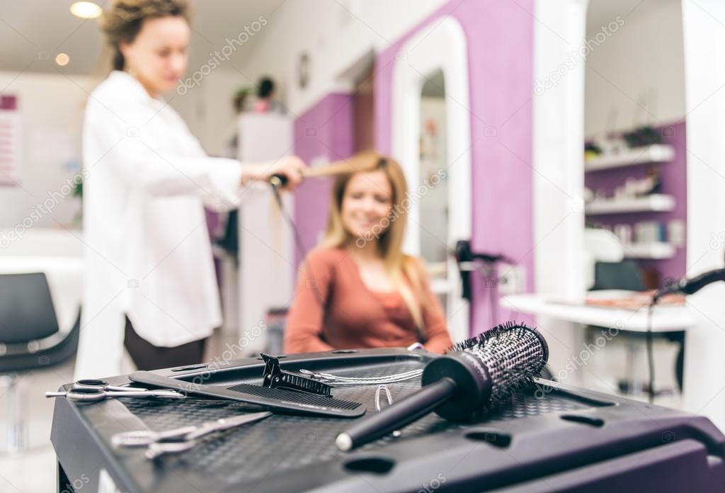 Hairdresser salon, close up on brush