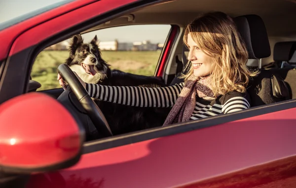 Lycklig kvinna kör bilen — Stockfoto