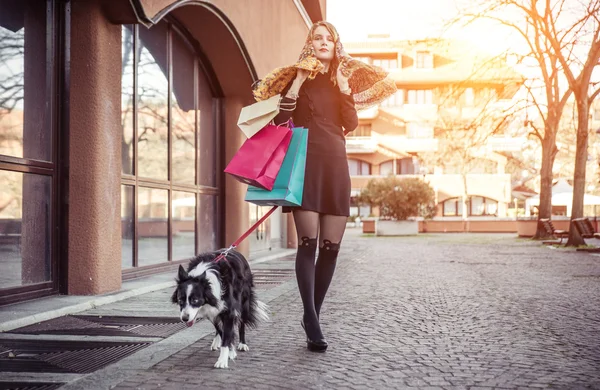 Модна жінка і її прикордонна собака робить покупки в т — стокове фото