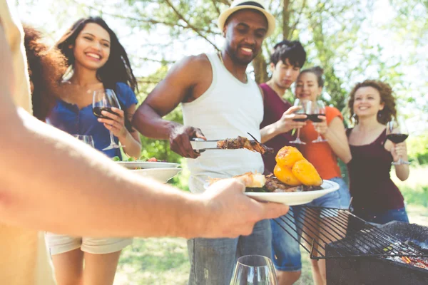 Venner som griller – stockfoto