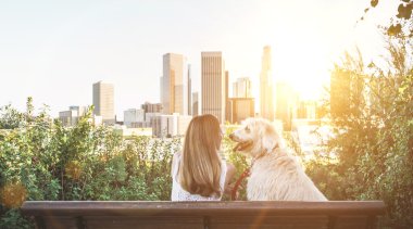 Kadın ve sadık köpeği şehir manzaralı günbatımında zevk noktası